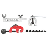 ▶ Herramientas de doble acampanado, 7 troqueles con doblador de tubos (herramienta de llamarada) y cortador de tubos (1/8 pulgadas a 1-1/8 pulgadas / 3-30 mm) para línea de freno automotriz cobre
