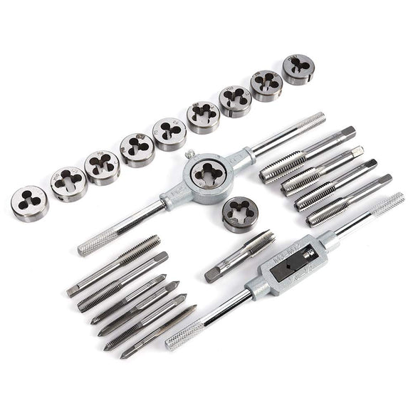 ▶ Juego de machos y matrices roscados de 24 piezas, juego de herramientas roscadas internas y externas estándar métrico y SAE con caja, Juego De Machuelos Y Tarrajas