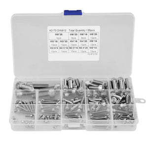 135pcs fijar M2.5 M3 M4 M5 M6 M8 304 tornillos de casquillo de cabeza hexagonal de acero inoxidable con caja de plástico transparente