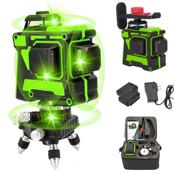 Nivel Láser Autonivelante Verde, 3D 12 Líneas, Nivelador Láser, Nivel láser de líneas cruzada 3x360, 360°Horizontales y 360°Verticales, con Soporte de Pared, 2 Baterías