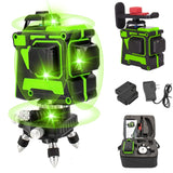 Nivel Láser Autonivelante Verde, 3D 12 Líneas, Nivelador Láser, Nivel láser de líneas cruzada 3x360, 360°Horizontales y 360°Verticales, con Soporte de Pared, 2 Baterías
