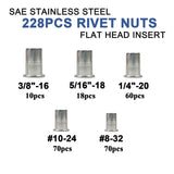 🔩 Juego de 228 tuercas de remache de acero inoxidable, surtido de tuercas de remache SAE UNC 8#-32, 10#-24, 1/4"-20, 5/16"-18, 3/8"-16, tuerca de remache roscada de cabeza plana, kit surtido de tuercas de remache