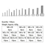 135pcs fijar M2.5 M3 M4 M5 M6 M8 304 tornillos de casquillo de cabeza hexagonal de acero inoxidable con caja de plástico transparente
