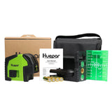 Nivel láser de línea cruzada con 2 puntos de plomo-Huepar 8211G profesional de haz láser verde ángulo de ventilador de 130 ° seleccionable, líneas verticales y horizontales, nivel láser de alineación autonivelante multiusos