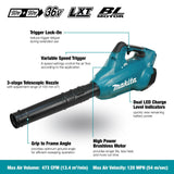 Soplador sin escobillas (Solo Herramienta) Makita  18Vx2 (36V) LXT