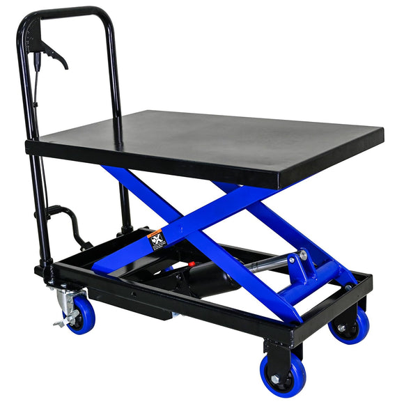 Carro de elevación hidráulica, carrito de mesa de elevación hidráulica con 4 ruedas, carro hidráulico elevador, capacidad de 500 libras, para manejo y transporte de materiales, negro y azul