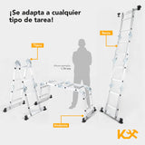 ▶ Escalera Multiposiciones 8 Peldaños 2.7 m – Charolas para Andamio – Soporta hasta 150 kg – Plegable – Tipo Tijera