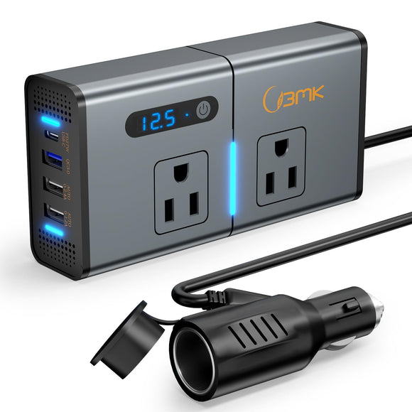 ▶ Inversor de corriente BMK para automóvil de 200 W, nuevo adaptador de enchufe para automóvil, cargador de toma DC de 12 V a 110 V, inversor para automóvil con USB de 1.2 A y 2.4 A, 1 USB QC3.0 y 1 puerto tipo C
