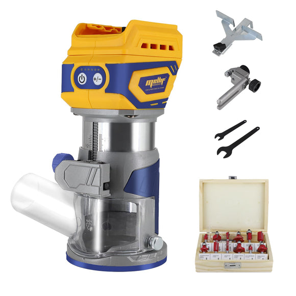 Routers de velocidad variable Enrutador compacto inalámbrico, Mellif sin escobillas para batería DeWalt de 20 V MAX (sin batería) 28.000 RPM 600 W con base fija, 12 brocas de enrutador de 1/4 pulgadas, 5 velocidades, guía de