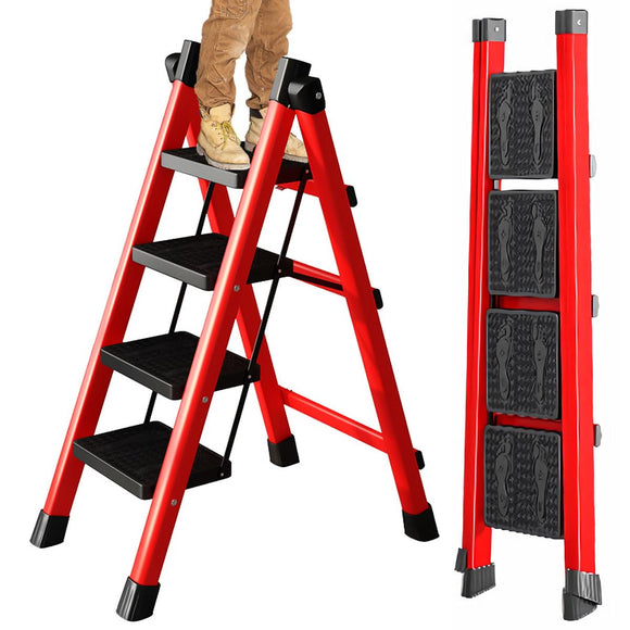 ▶ Escalera Plegable de Acero，Escalera 4 Peldaños Doméstica Portátil con Pedal Ancho Antideslizante, Escalera Tubular Escalera de Tijera Tipo de Interior Exterior Hogar Oficina Cocina Garaje