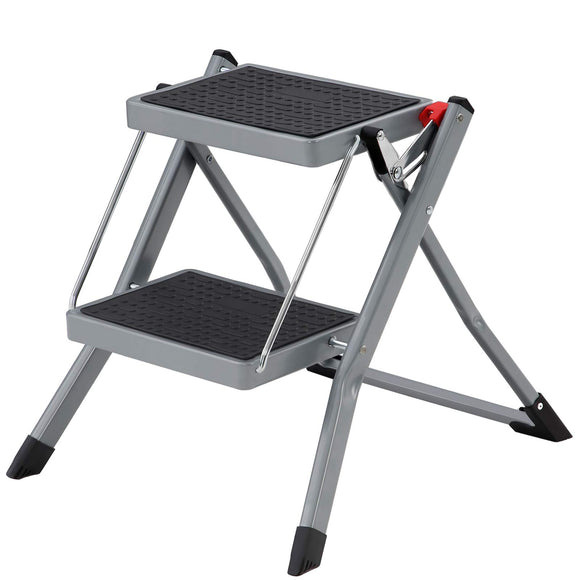 Escalera de 2 peldaños Plegable, Ancho de Marcha 20 cm, Goma Antideslizante, con asa, Carga 150 kg, Acero, Gris y Negro GSL002GY01