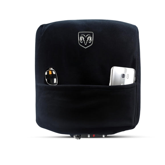 ▶ Funda de consola central con licencia oficial de ajuste personalizado con logotipo plateado bordado de Ram para modelos seleccionados de Ram con asiento de cubeta (no asiento de banco/salto)