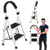 ▶ Escalera de Tijera de 2 Peldaños, Escalera Tubular, Escalera Plegable Hecha de Acero Inoxidable, Escalones y Patas Antideslizantes, Altura Maxima 88cm Color Blanco/Negro (2 Peldaños)