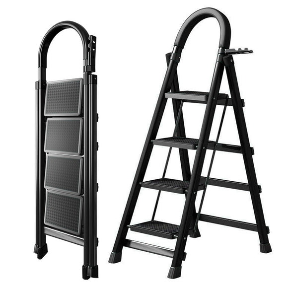 ▶ Escaleras de Tijera, Escalera Plegable Tubular Antiderrapante, Escaleras Plegables para Casa, Oficina, Comercio e Industria (Negro-4 Peldaños con Empuñadura)