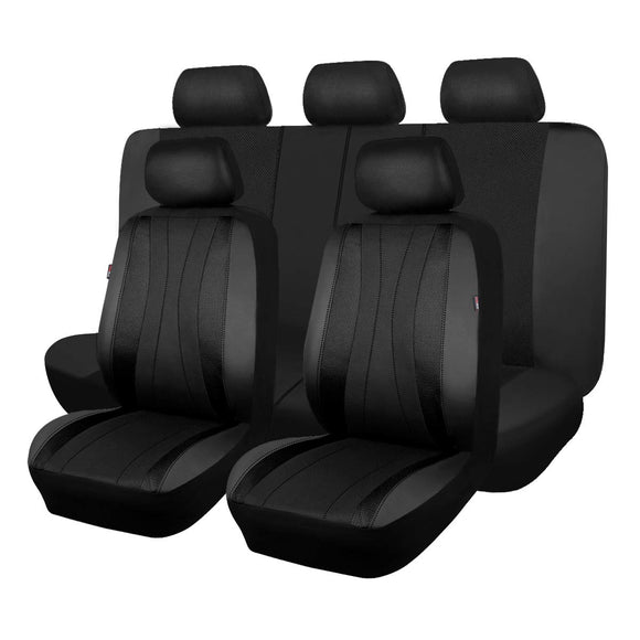 ▶ Fundas para asiento de coche, malla de aire, piel sintética, para bolsa de aire, banco trasero divisible 40/60, 50/50, 60/40 (juego completo - respaldo bajo, negro negro)