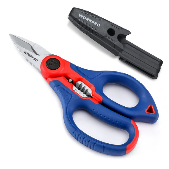 Tijeras de acero inoxidable, tijeras de electricista profesional de 6.4 pulgadas con pelacables para cable suave (no aptas para uso en buceo) WORKPRO -