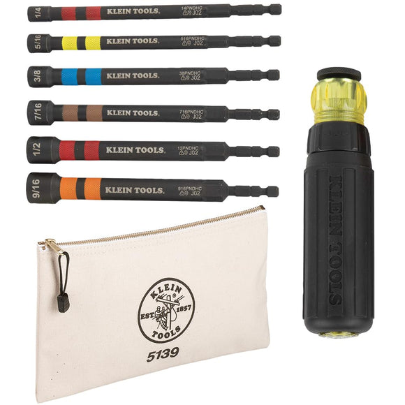 Klein Tools  - Juego de destornilladores de tuercas huecas con asa, magnético, 6 tamaños hexagonales SAE más bolsa de herramientas de lona con cierre, 12.5 x 7 x 0.7 pulgadas, 8 piezas