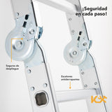 ▶ Escalera Multiposiciones 8 Peldaños 2.7 m – Charolas para Andamio – Soporta hasta 150 kg – Plegable – Tipo Tijera