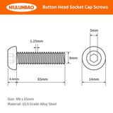 M8-Tornillos de cabeza de botón de 1,25 x 65 mm, tornillos de cabeza de botón, accionamiento de enchufe Allen métrico, acabado de óxido negro, acero de aleación de grado 10,9, completamente roscado, cantidad 10