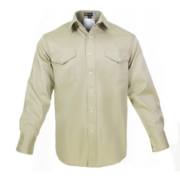 ▶Camisa de soldadura FR resistente al fuego, 100% C, 9 onzas, Caqui, M