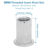 🔩 Qjaiune - 50 tuercas de remache roscadas de acero inoxidable M6, remaches de cabeza plana M6-1,0 mm, tornillos de tuerca moleteados, tuerca ciega