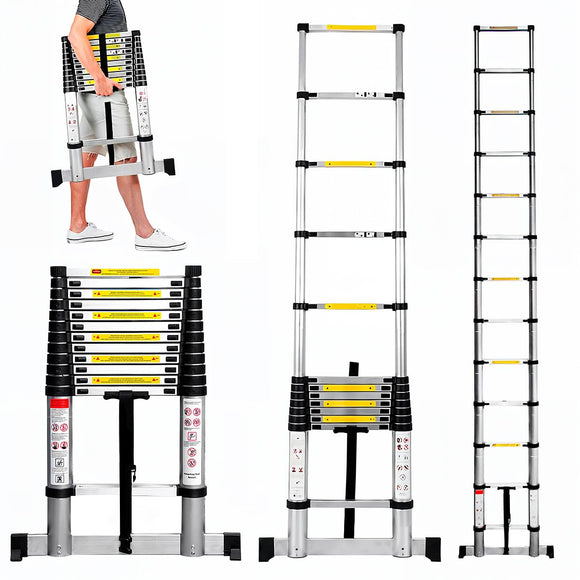 ▶ Escalera Telescópica Recta, Escalera de Recta de Altura Ajustable, Aluminio Reforzado y Duradera, Modelo Retráctil de Mayor Estabilidad (3.8 Metros)