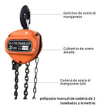 Polipasto Manual 2 Toneladas 6 m con Gancho 360° y Doble Freno, Cadena G80 Forjada, Elevador Portátil para Talleres, Almacenes y Construcción
