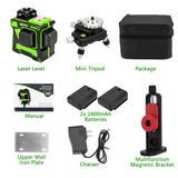 Nivel Láser Autonivelante Verde, 3D 12 Líneas, Nivelador Láser, Nivel láser de líneas cruzada 3x360, 360°Horizontales y 360°Verticales, con Soporte de Pared, 2 Baterías
