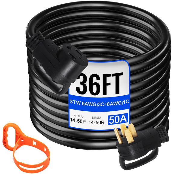 ▶ Cable de extensión para caravana de 36 pies y 50 amperios NEMA 14-50P a 14-50R, cable de alimentación resistente de 26,5 mm de diámetro para remolque, autocaravana, autocaravana con asas