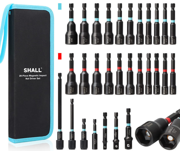 Juego de 29 destornilladores de tuercas magnéticas, brocas de impacto hexagonal de 1/4 pulgadas, SAE y métrico Cr-V de acero con extensiones de liberación rápida, adaptadores de enchufe de