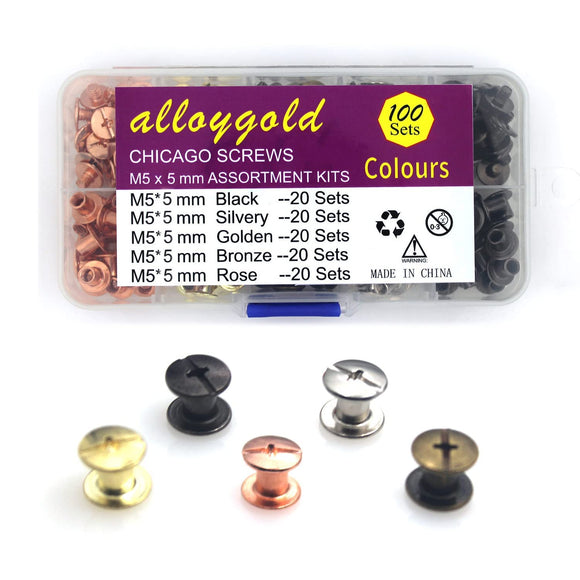 🔩 Alloygold 100 juegos de tornillos Chicago de 3/16 pulgadas, 5 colores de piel, remaches de tornillo, botones de tornillo Chicago para bricolaje, adornos de piel, negro, plata, oro, cobre, oro rosa (M5 x 5)