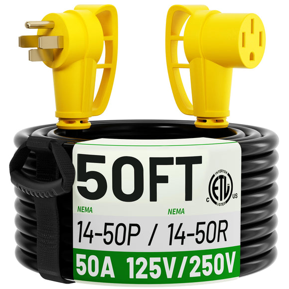 ▶ Cable de extensión de 50 pies para exteriores con mango de agarre, cable de alimentación flexible resistente al agua, 50A 125/250V 6250/12500W STW