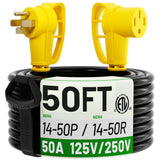 ▶ Cable de extensión de 50 pies para exteriores con mango de agarre, cable de alimentación flexible resistente al agua, 50A 125/250V 6250/12500W STW