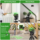 Línea cruzada de nivel láser verde autonivelante con 2 puntos de plomera, herramienta láser -360 línea horizontal más gran ángulo de ventilador de haz vertical, batería de iones de litio con