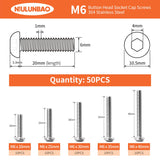 ▶ Tornillos de cabeza de botón M6 x 20 mm, 25 mm, 30 mm, 35 mm, 40 mm, tornillos de cabeza de botón 304, tornillos métricos Allen hexagonales, totalmente roscados a máquina, kit surtido de 50 unidades