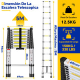 ▶ Escalera Telescópica De Aluminio 5M Escalera Recta Extensible Portátil para Trabajo Al Aire Libre Y Uso Doméstico, Escalera Retractil Multiusos De Aluminio Plegable 5 Metros/ 16 Pies