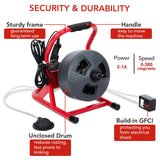 ▶ Máquina limpiadora de drenaje, taladro eléctrico profesional automático de 50 pies x 5/16 pulgadas para tubos de 3/4 a 3 pulgadas, serpiente de drenaje eléctrico portátil con 6 cortadores e