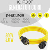 ▶ Cable Del Generador, Cable De Extensión Eléctrica, 4 Clavijas, 30 Amp, 125-250v, Soltero, Amarillo, 3.04 Metros, Calibre 10, Tarea Pesada, L14-30, Transferir, Cable De Alimentación Eléctrica, Con Interruptor De Bloqueo