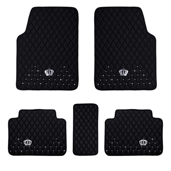 eing - Alfombrillas de piel sintética para todo tipo de clima para coche, SUV y camión, paquete de 5 (delantero y trasero), protección resistente, cojín de piso de coche corona, color negro