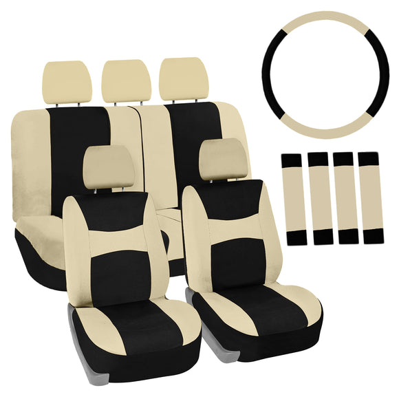▶ Juego de fundas de asiento COMBO con funda para volante y almohadilla para cinturón de seguridad (compatible con airbag y asiento dividido en beige/negro)