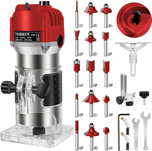 Routers de velocidad variable  Madera, Enrutador de Madera Eléctrica 800W 30000RPM, Fresadora para Madera de Recortador con 15Pzs Brocas 1/4