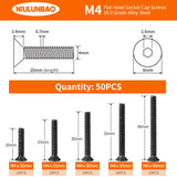 🔩 M4 x 20 mm, 25 mm, 30 mm, 35 mm, 40 mm, tornillos de cabeza plana avellanados, acero de aleación de grado 10.9, acabado de óxido negro, unidad hexagonal Allen, métrico totalmente roscado, kit surtido 50 unidades