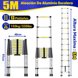 ▶ Escalera Telescópica de Aluminio 5 Metros-Plegable, Extensible, Compacta y Portátil Escalera para Usos Multiusos, Capacidad de Carga 150 kg,