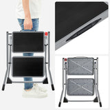 ▶ Escalera de 2 peldaños Plegable, Ancho de Marcha 20 cm, Goma Antideslizante, con asa, Carga 150 kg, Acero, Gris y Negro GSL002GY01