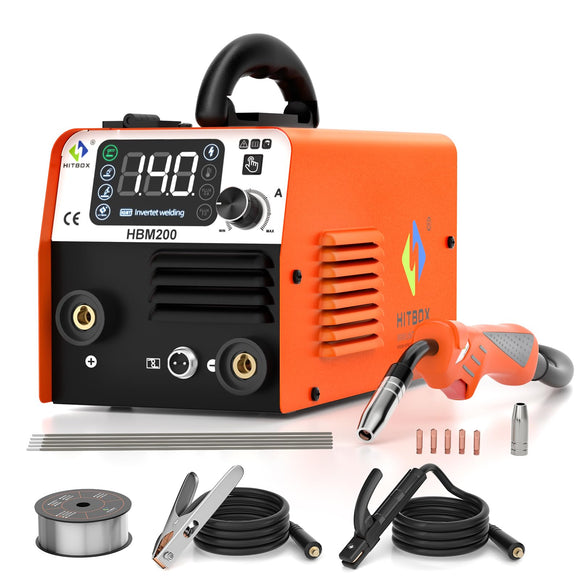 ▶ HITBOX Soldadora Inversora Microalambre, 140A sin Gas/Stick/Lift TIG 3 en 1 Inversor para Soldar, 110V Maquina de Soldar Portatil, Máquina de Soldar Soldadora MIG Planta de Soldar(HBM200)