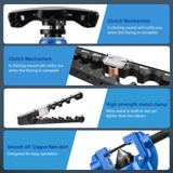 ▶ Herramientas de abocinamiento de 1/4"-3/4" y 6-19mm, herramienta excéntrica de tubo de 45° 6 troqueles con herramienta de desbarbado de embrague para tubo de cobre (juego 5 en 1)