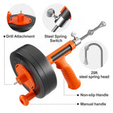 ▶ Taladro de drenaje de acero flexible de 25 pies con adaptador de taladro, taladro manual de desbloqueo de fontanería, manual o alimentado para zuecos de ducha y tina, sin retracción automática