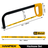 ▶ Hanpex 12 pulgadas. Marco de sierra para metales de alta tensión con 10 cuchillas bimetálicas adicionales, sierra de mano adecuada para metal, madera, PVC, carpintería