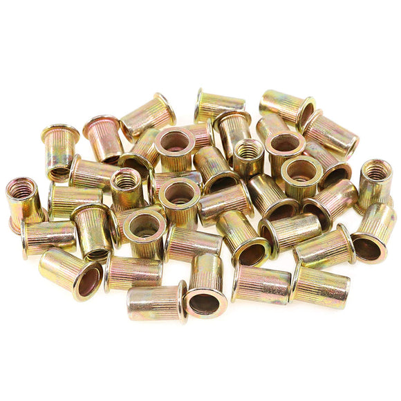 🔩 Keadic - 100 tuercas de remache M8 métricas chapadas en zinc, tuerca de remache de acero al carbono, kit de inserción roscada de cabeza plana, kit de remache roscado para muebles