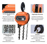 Polipasto Manual 2 Toneladas 6 m con Gancho 360° y Doble Freno, Cadena G80 Forjada, Elevador Portátil para Talleres, Almacenes y Construcción